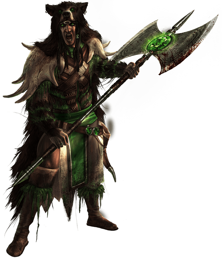 King Briar with his battle-ax which glows green with the power of Egis. Briar wears a bear cloak and furs mixed with woven grass.