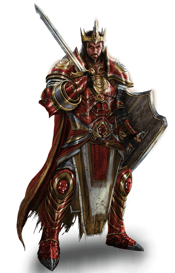 King Dlone Kynazarr in red and gold armor with sword and shield. Has facial hair.
