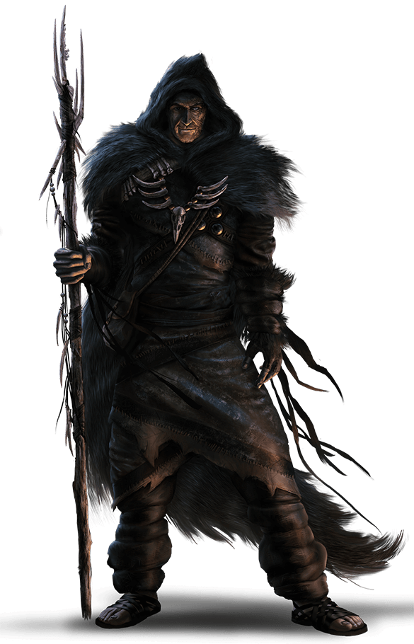Khadrius, is dressed in black with a hood of shrouded darkness. He has bones on his chest armor. The outfit uses black fur or feathers. He carries a spike staff.