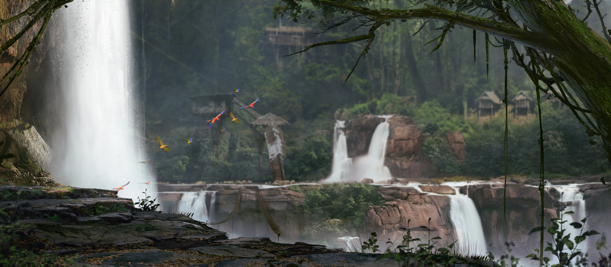 Eloden background. Lush forest with waterfall. Rope bridges span a canyon and primitive structures hide amoung the trees.