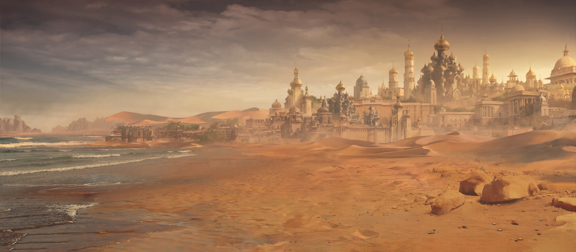 Kynazarr background slides into view behind the king. Middle-eastern fantasy city in a desert at the edge of the sea.