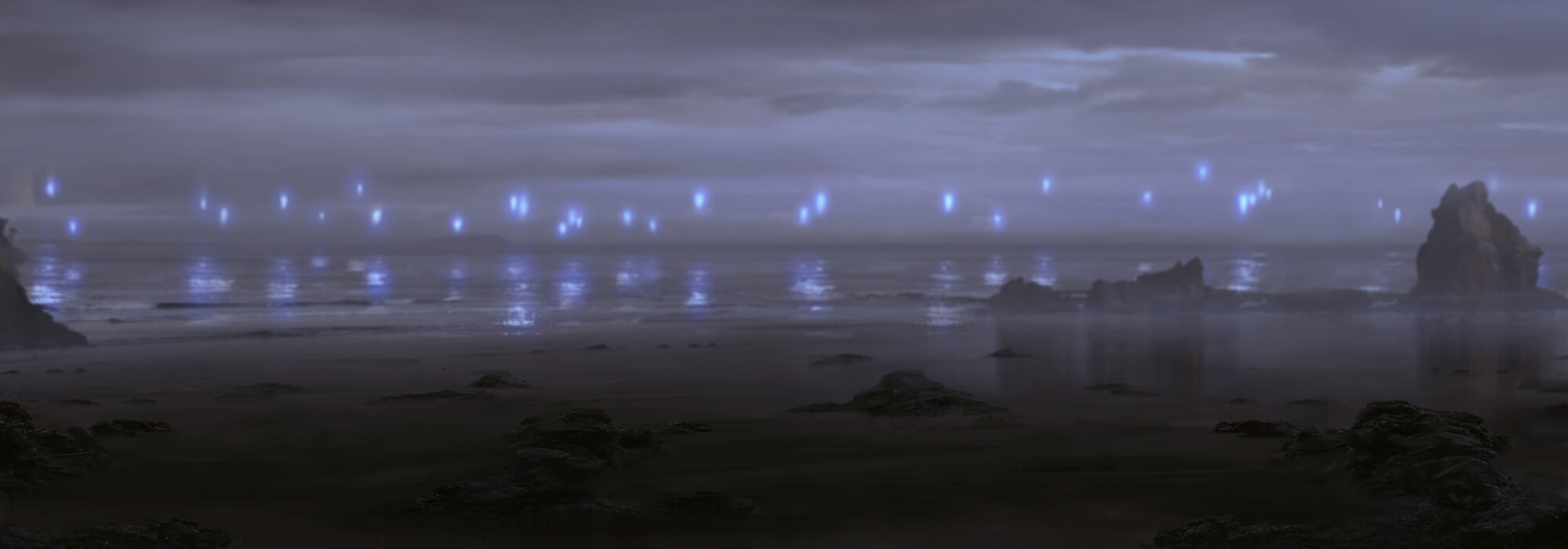 A haunting dark beach with ghostly blue fire floating over the water