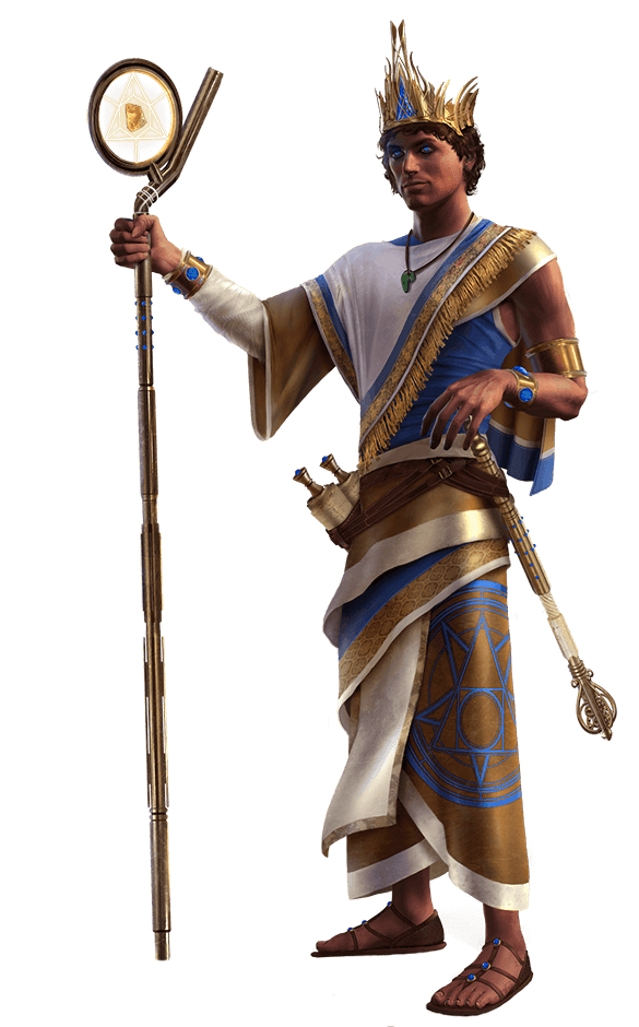 High King Apsu, with septer. Dressed in white, blue, and gold robe, wearing sandals. Eygptian inspired.